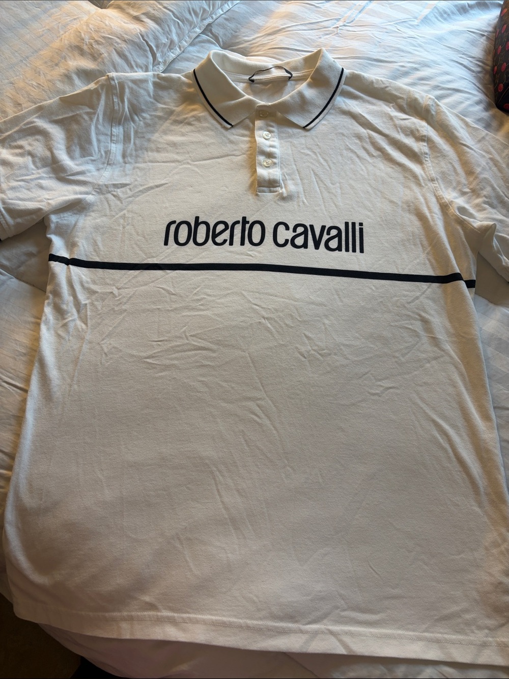 Roberto Cavalli White Polo with Navy Script and Stripe